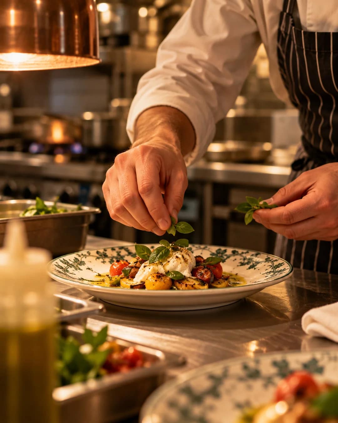 Les mains du chef dressant une assiette dans la cuisine d’In Casa