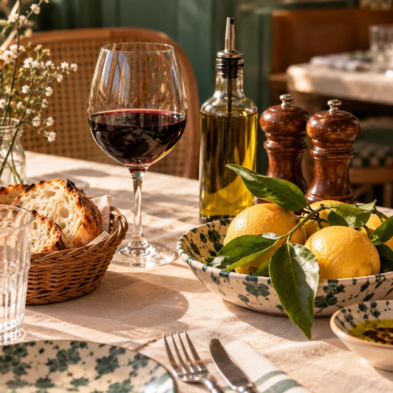 Warm and convivial atmosphere of the In Casa dining room: soft light, set tables.