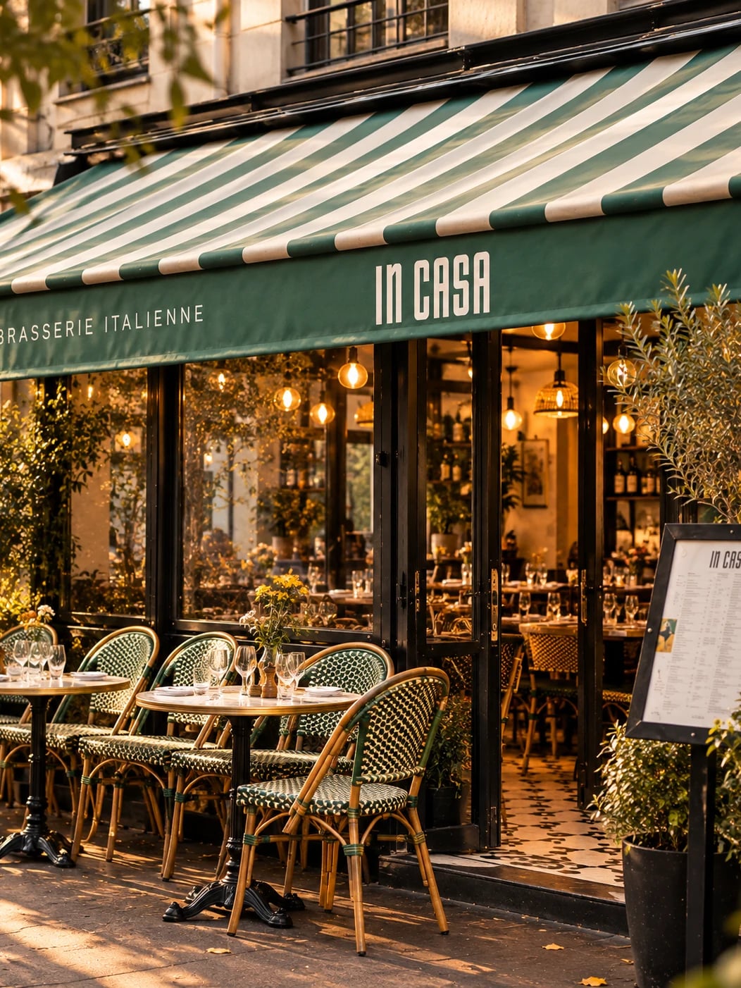 In Casa dining room, an Italian brasserie in the 15th: set tables, warm and convivial atmosphere.