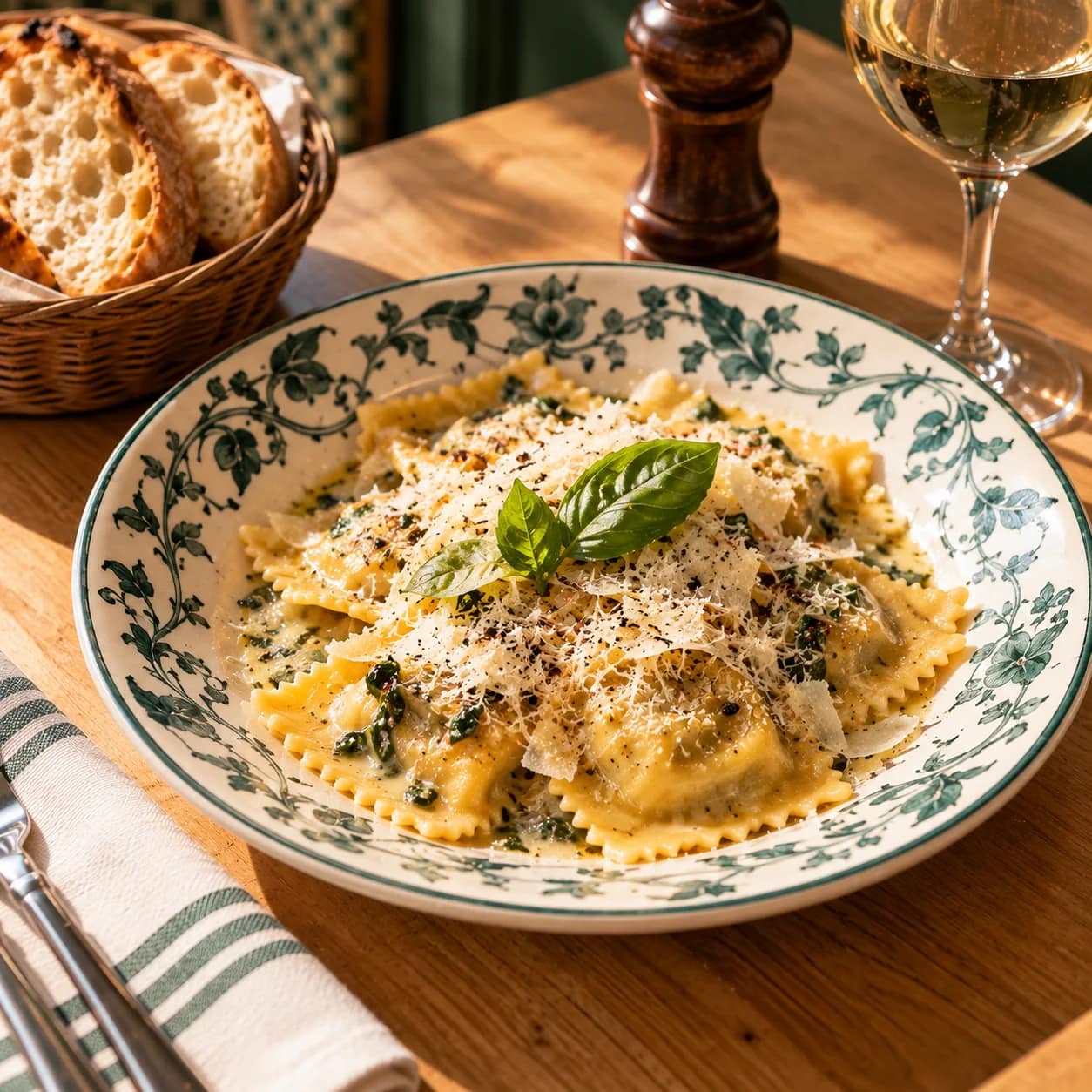 A plate of truffle & pistachio ravioli served at In Casa.